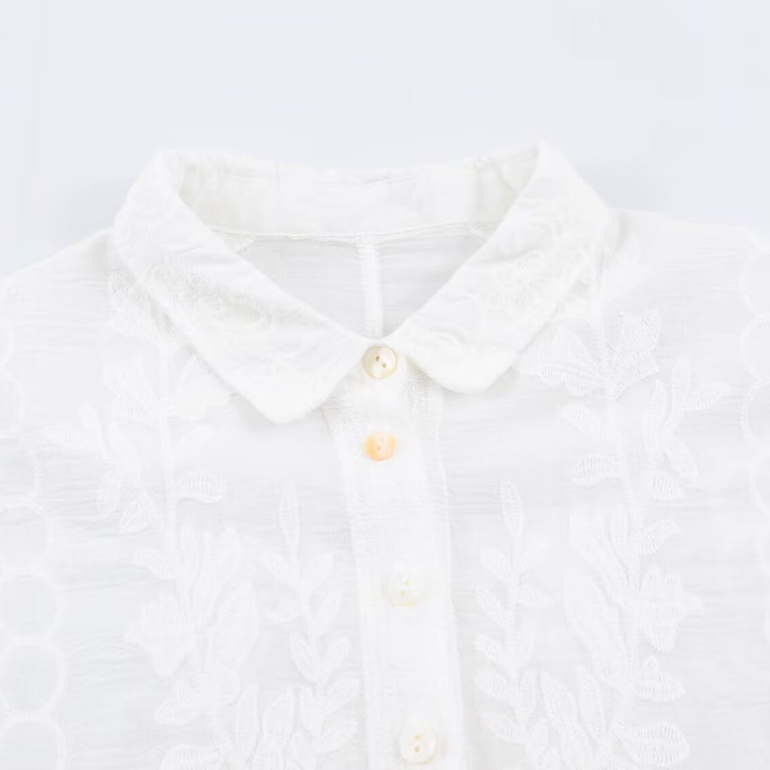 Damen Bestickte Baumwollbluse mit Lochstickerei und dreiviertelärmeln Echoarchiv