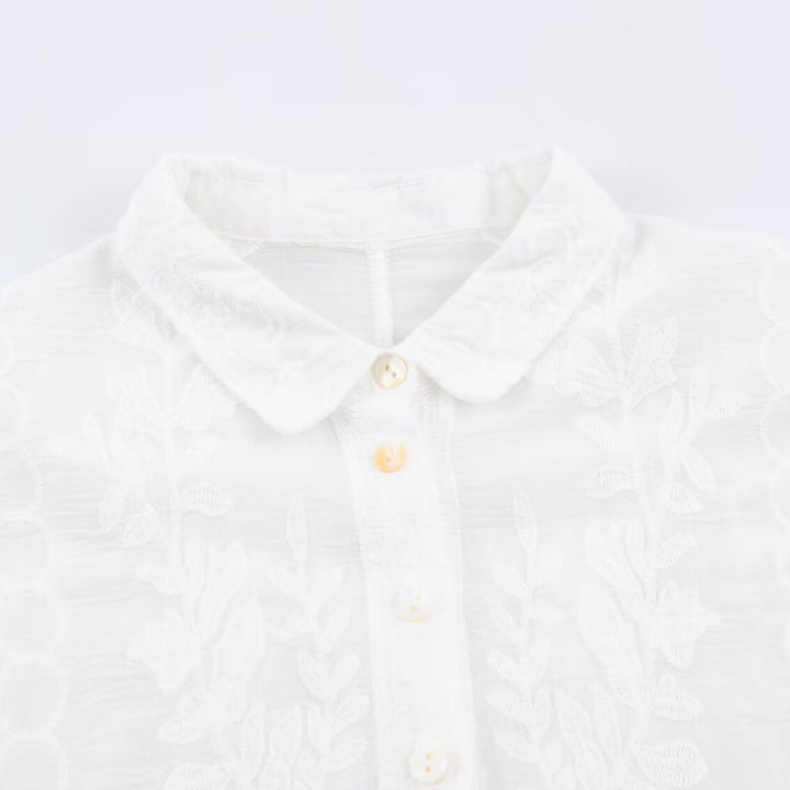 Damen Bestickte Baumwollbluse mit Lochstickerei und dreiviertelärmeln Echoarchiv