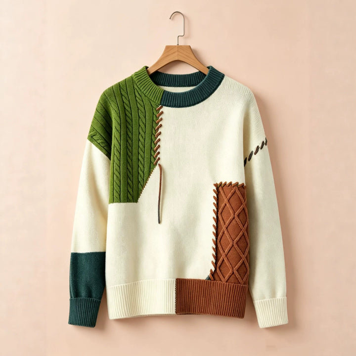 Damen Oversize Strickpullover im Patchwork‑Design mit Zopfmuster‑Einsätzen – Mavelle