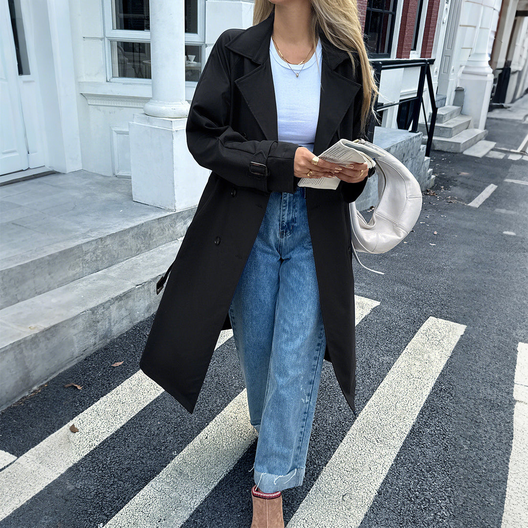 Damen klassischer Trenchcoat mit Doppelreihe, Taillengürtel, verstellbaren Manschetten und geraden Knopfleiste – Avérine