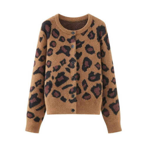 Damen Flauschige Strickjacke im Leoprint mit Rundhals und Knopfleiste Echoarchiv