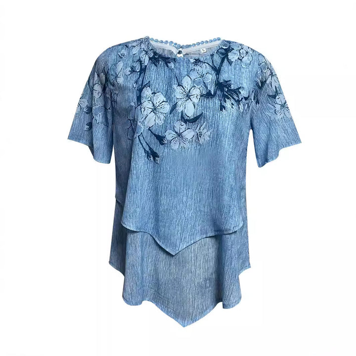 Damen nan zweilagiges Blusenkleid mit asymmetrischem Stufensaum, floraler Druckpasse und Flügelärmeln Echo Archiv