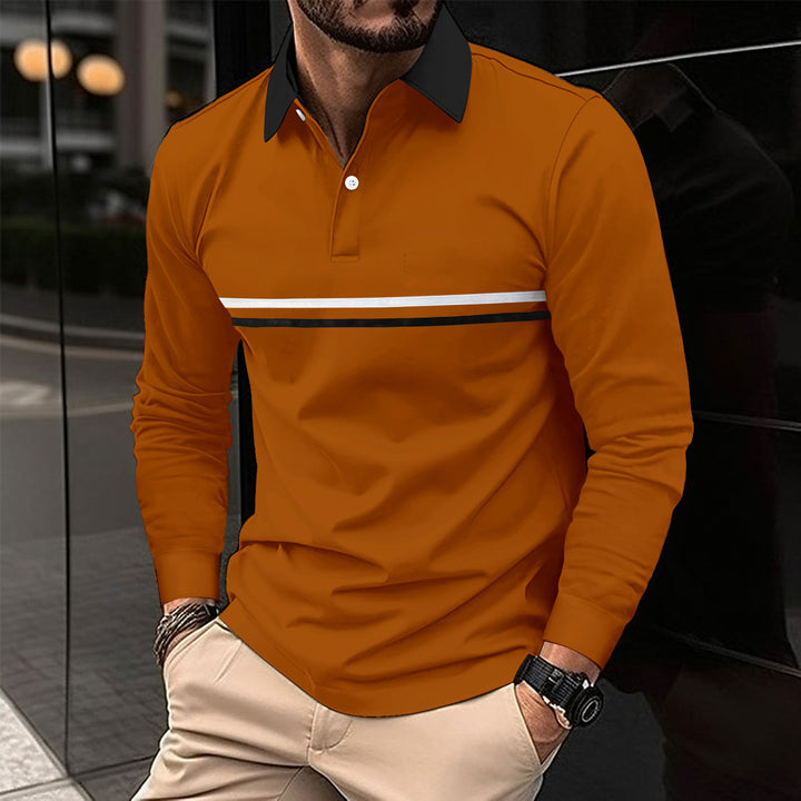 Herren Langarm-Polohemd mit kontrastierendem Kragen und sportlichem Streifenmuster Echoarchiv