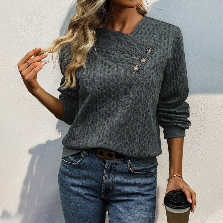 Damen Strukturierter Zopfstrick-Pullover mit asymmetrischer Knopfleiste & Rundhalsausschnitt Echoarchiv