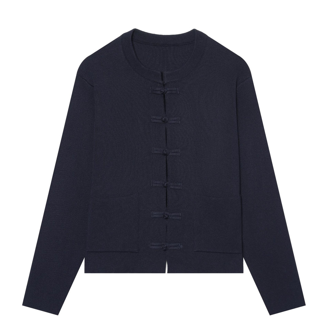 Damen Kurzer Strukturstrick-Cardigan mit Knoten-Froschverschlüssen und aufgesetzten Taschen Echo Archiv