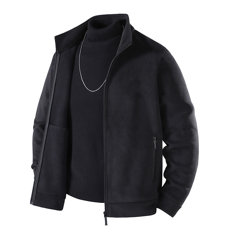 Herren Schlichte Velours-Optik Übergangsjacke mit hochschließendem Stehkragen, verdecktem Zwei-Wege-Reißverschluss & Zip-Taschen Echoarchiv
