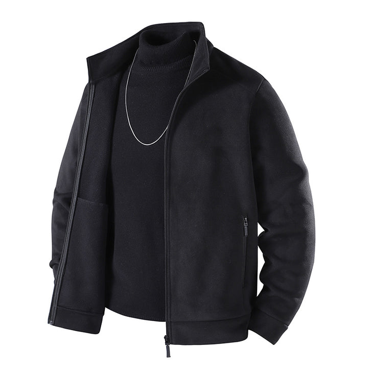 Herren Schlichte Velours-Optik Übergangsjacke mit hochschließendem Stehkragen, verdecktem Zwei-Wege-Reißverschluss & Zip-Taschen Echoarchiv