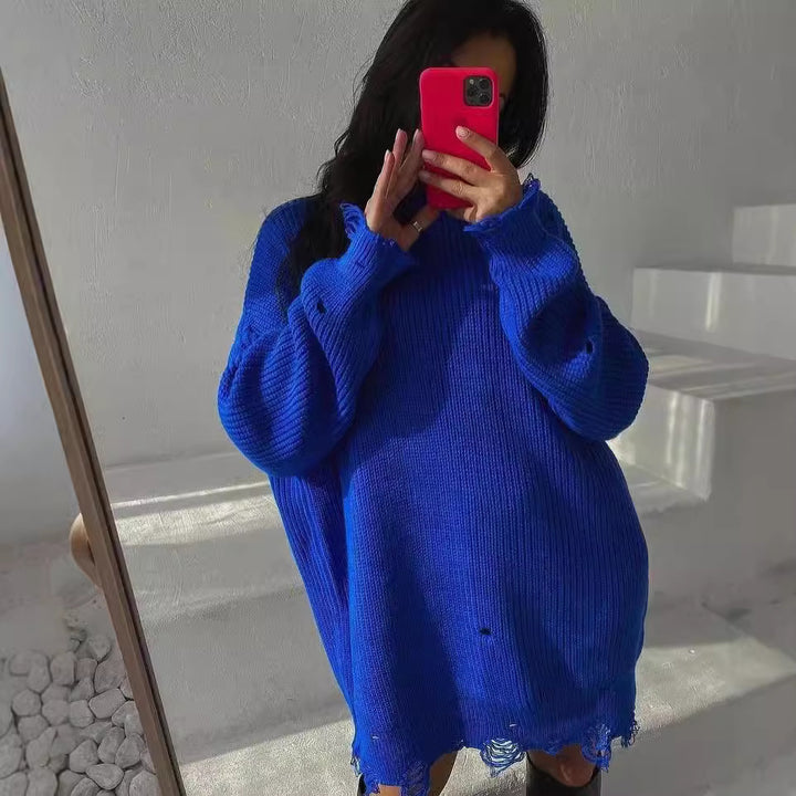 Damen Oversized Strickkleid mit Destroyed-Saum und Ballonärmeln Echoarchiv
