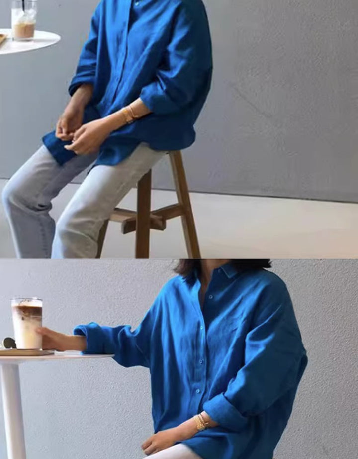 Damen Casual-Leinenbluse mit strukturierter Webung, überschnittener Schulter und krempelbaren Ärmeln – Élovi