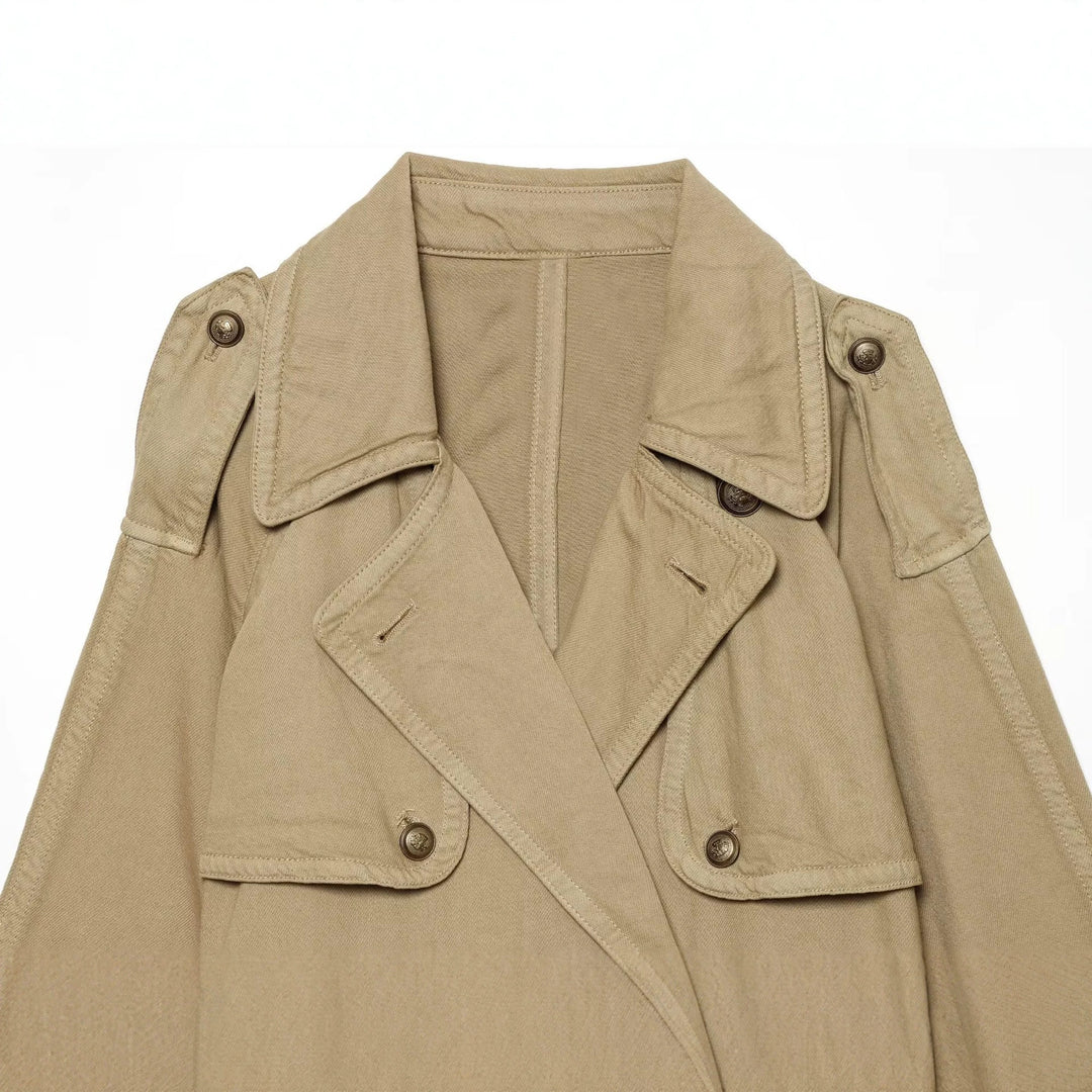 Damen Kurz geschnittene Trenchjacke mit Doppelknopfleiste, Schulterpatten und Taillengürtel Echo Archiv