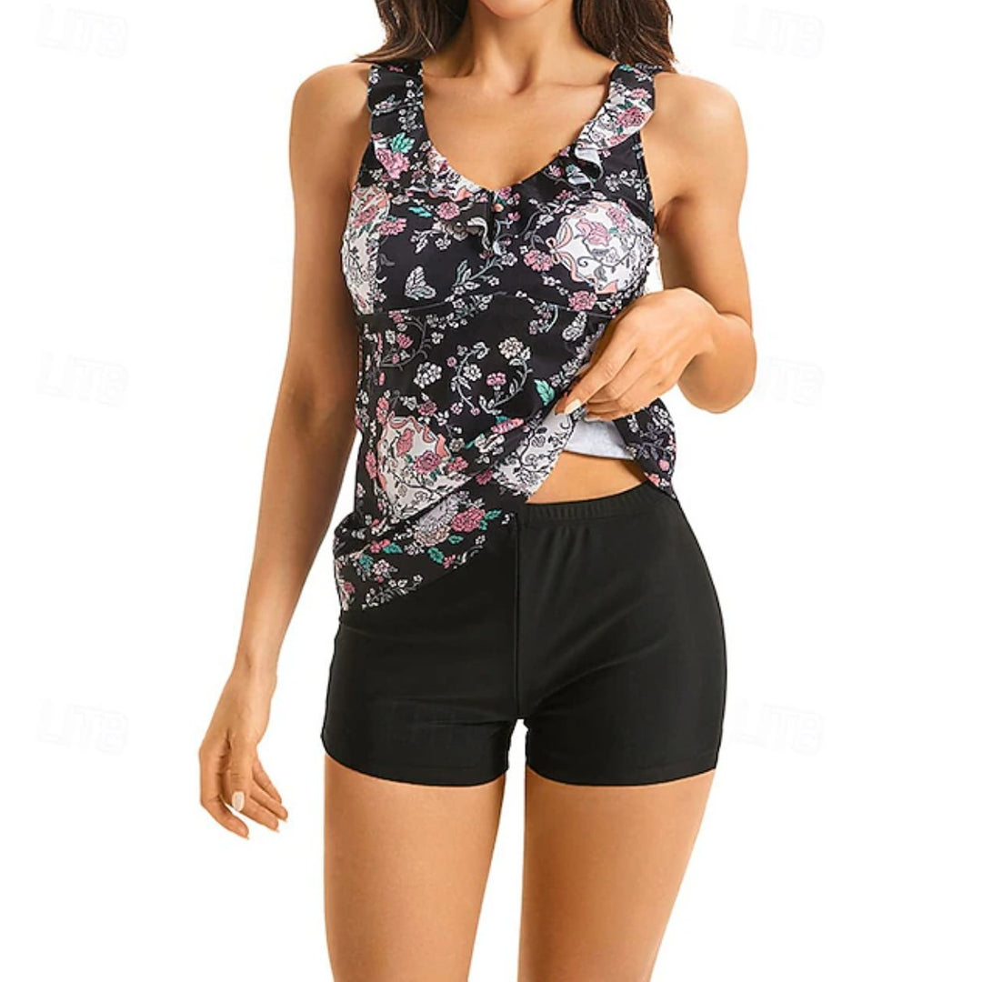 Damen Tankini-Top mit verspielten Rüschen und floralem Design Echo Archiv