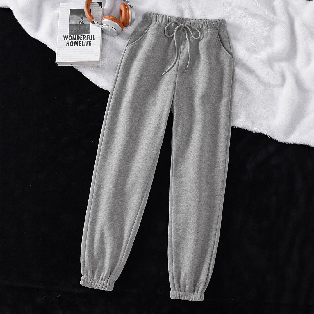 Damen hochgeschnittene Jogginghose aus weicher Fleece Baumwollmischung mit elastischem Bund Kordelzug und Eingrifftaschen – Avérine