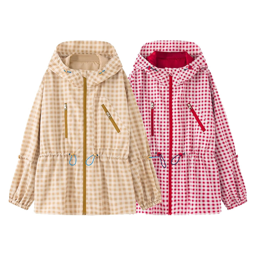 Damen Karo-Übergangsjacke mit Kapuze, Tunnelzug und wasserabweisender Beschichtung Echoarchiv