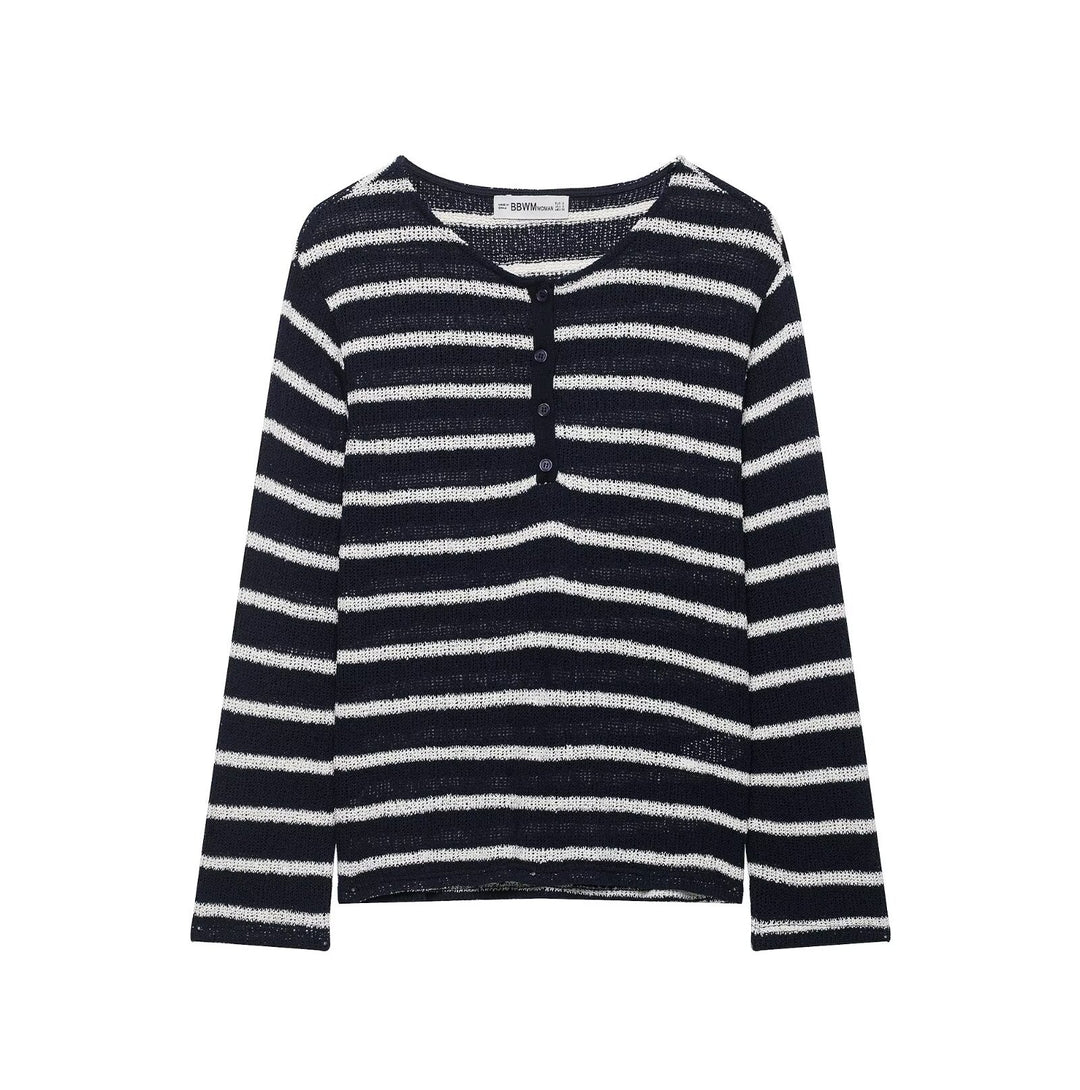 Damen Gestreifter Strick-Henleypullover mit Knopfleiste und Leichtstruktur Echo Archiv