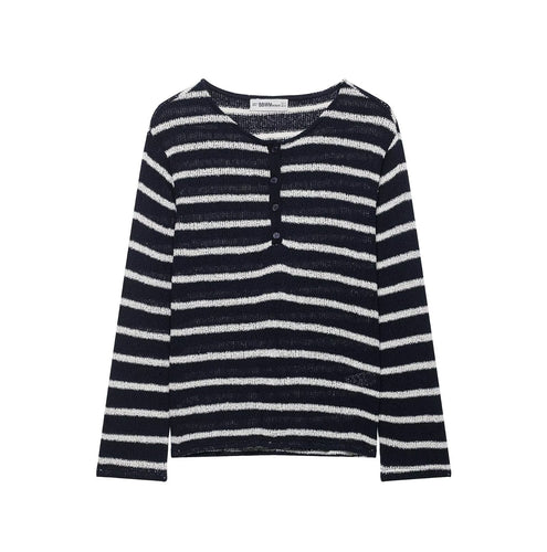 Damen Gestreifter Strick-Henleypullover mit Knopfleiste und Leichtstruktur Echo Archiv