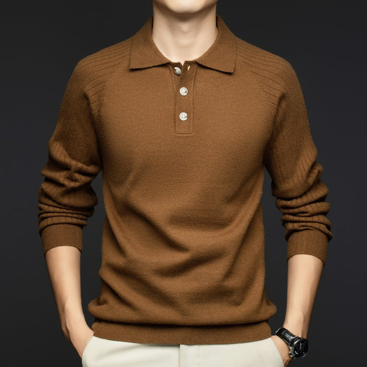 Herren eleganter Strickpullover mit Henley-Kragen und feiner Struktur Echoarchiv