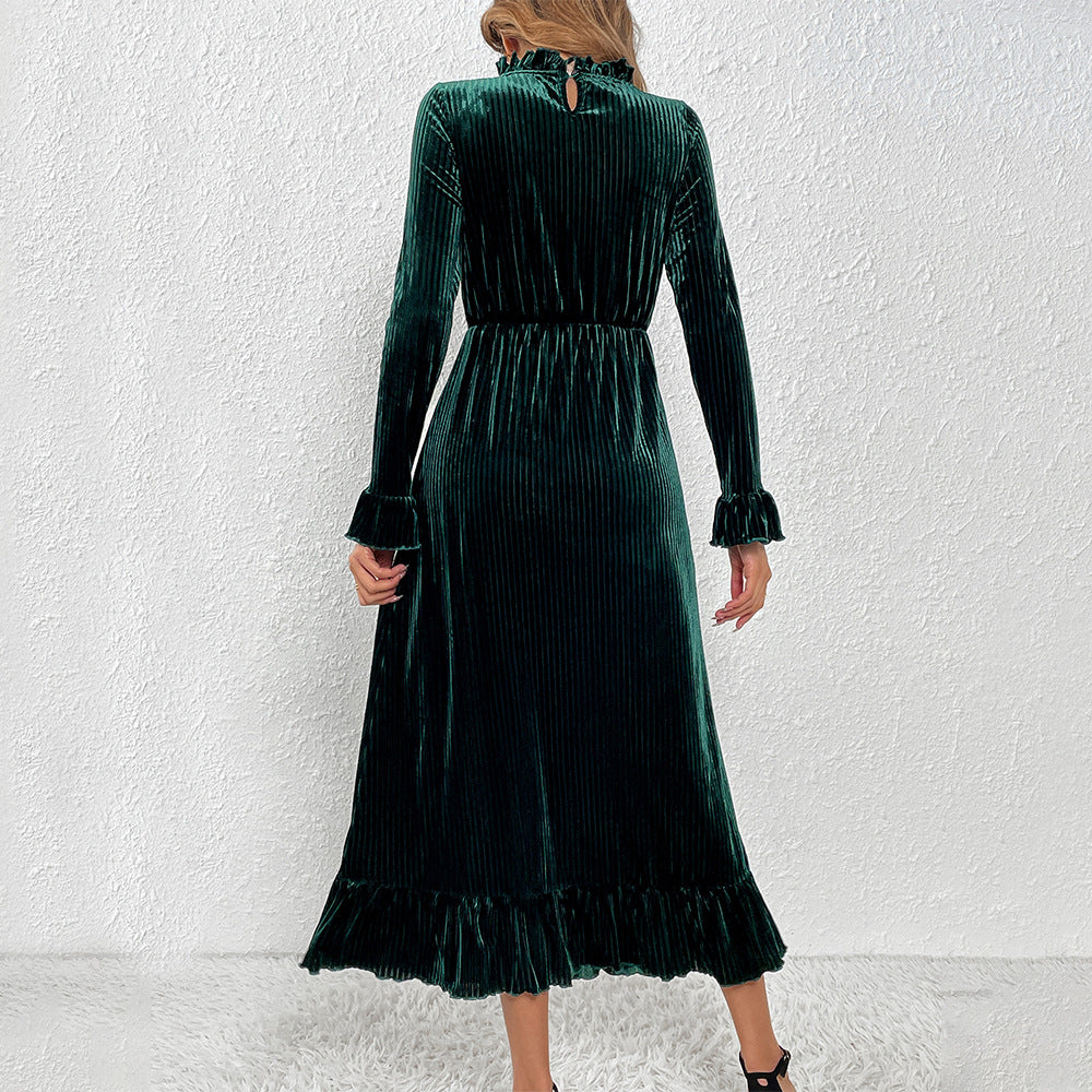 Damen Midikleid aus plissiertem Samt mit Stehkragen geraffter Taille und Volant-Saum – Élara