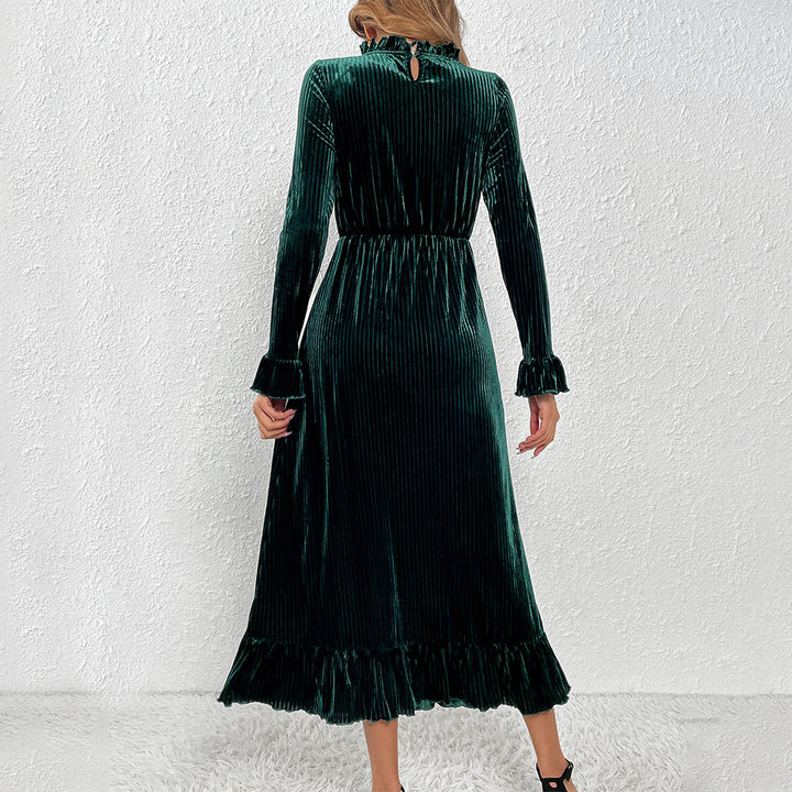Damen Midikleid aus plissiertem Samt mit Stehkragen geraffter Taille und Volant-Saum – Élara