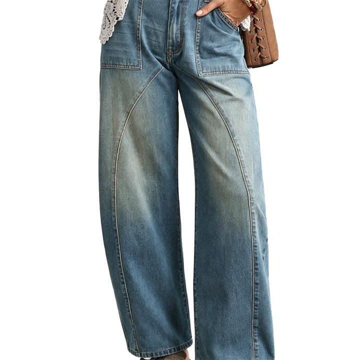 Damen Weite hochgeschnittene Jeans mit geschwungenen Nahtdetails und aufgesetzten Taschen Echo Archiv