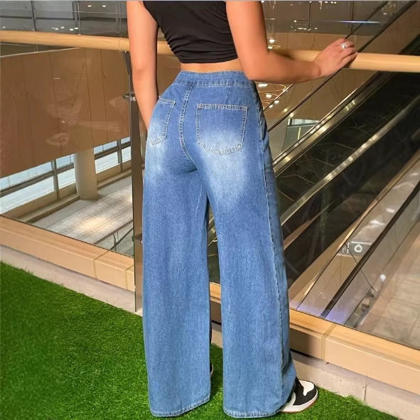 Damen weite High‑Waist Palazzo-Jeans aus Stretch-Denim mit Bundfalten & Bindegürtel Echo Archiv