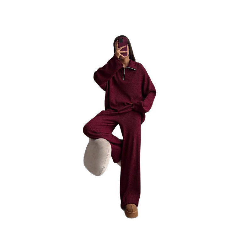 Damen Oversize Strick-Lounge-Set mit halbem Reißverschluss und weitem Bein – Mavelle