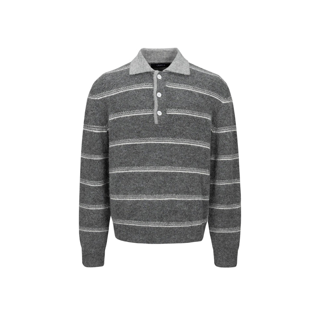 Herren Grobgestrickter Polokragenpullover mit Halbdruckknopfblende und Streifenstruktur Echoarchiv