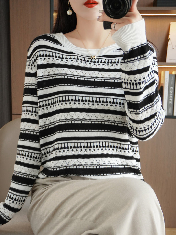 Damen Leichter Rundhals-Feinstrickpullover mit geometrischem Ajourstreifenmuster Echoarchiv