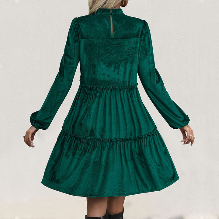 Damen Samtkleid mit Stufenrock, Raffung und Stehkragen Echoarchiv