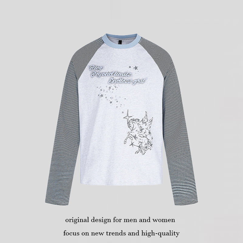 Damen Raglan-Langarmshirt im Astral-Motiv mit feinen Streifenärmeln und Relief-Print Echoarchiv