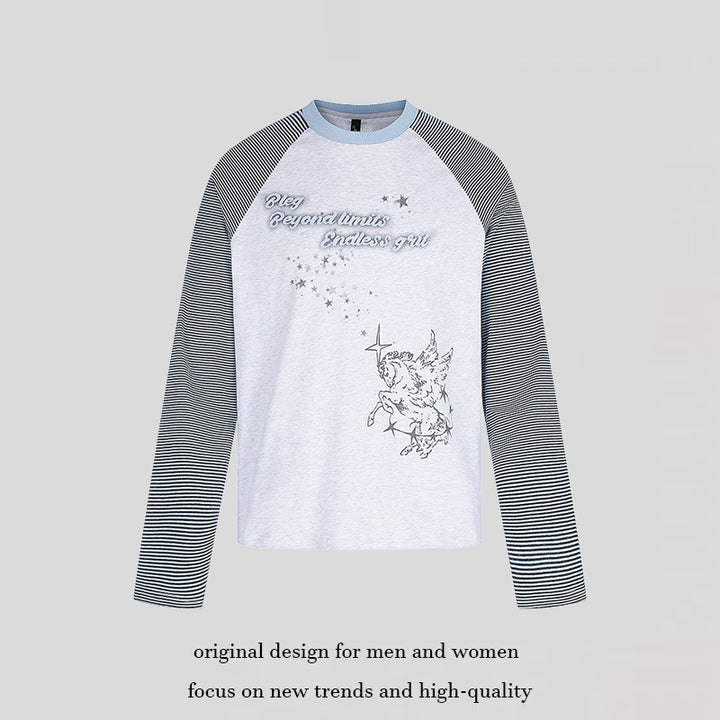 Damen Raglan-Langarmshirt im Astral-Motiv mit feinen Streifenärmeln und Relief-Print Echoarchiv