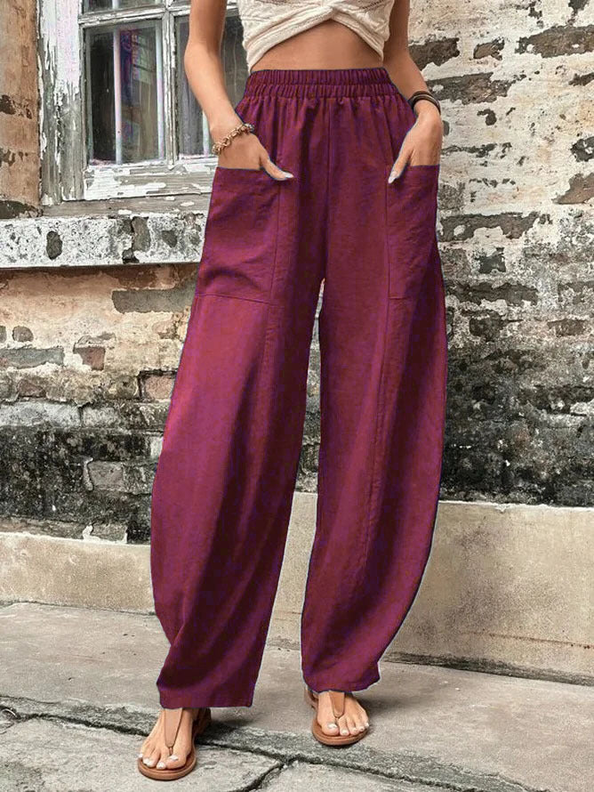 Damen Weite Leinenhose mit elastischem Bund, aufgesetzten Taschen und lässigem Harem-Schnitt Echoarchiv