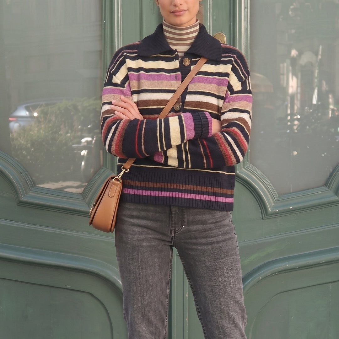Damen Gestreifter Strickpullover mit Polokragen & Knopfleiste Echoarchiv