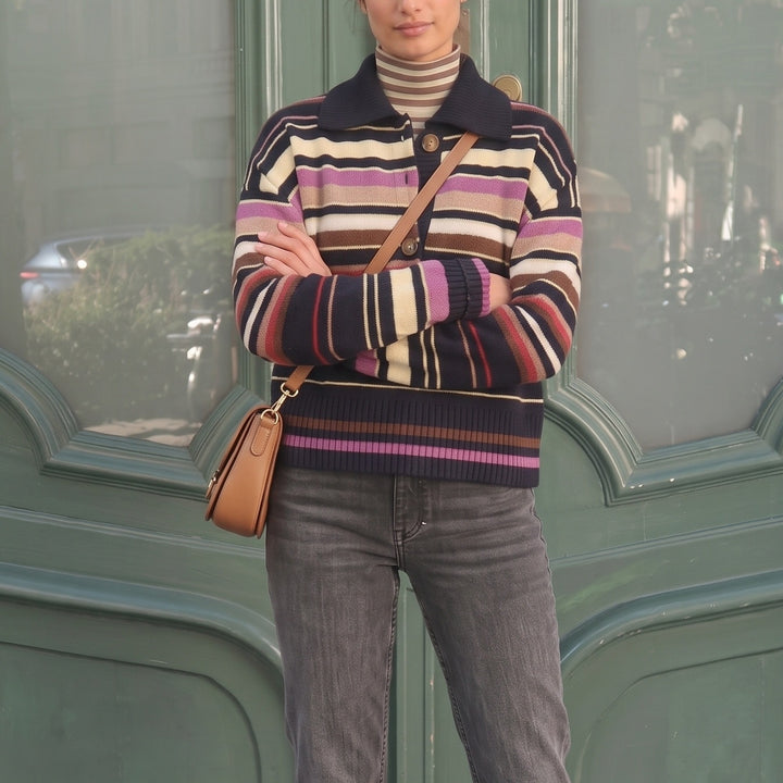 Damen Gestreifter Strickpullover mit Polokragen & Knopfleiste Echoarchiv