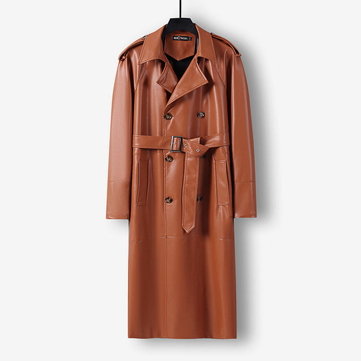 Herren Langer Kunstleder-Trenchcoat mit Doppelreiher, Taillengürtel und Schulterklappen Echoarchiv