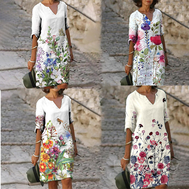 Damen nan lässiges Leinenkleid mit V-Ausschnitt und floralem Allovermuster, knielang mit dreiviertelärmeln Echo Archiv