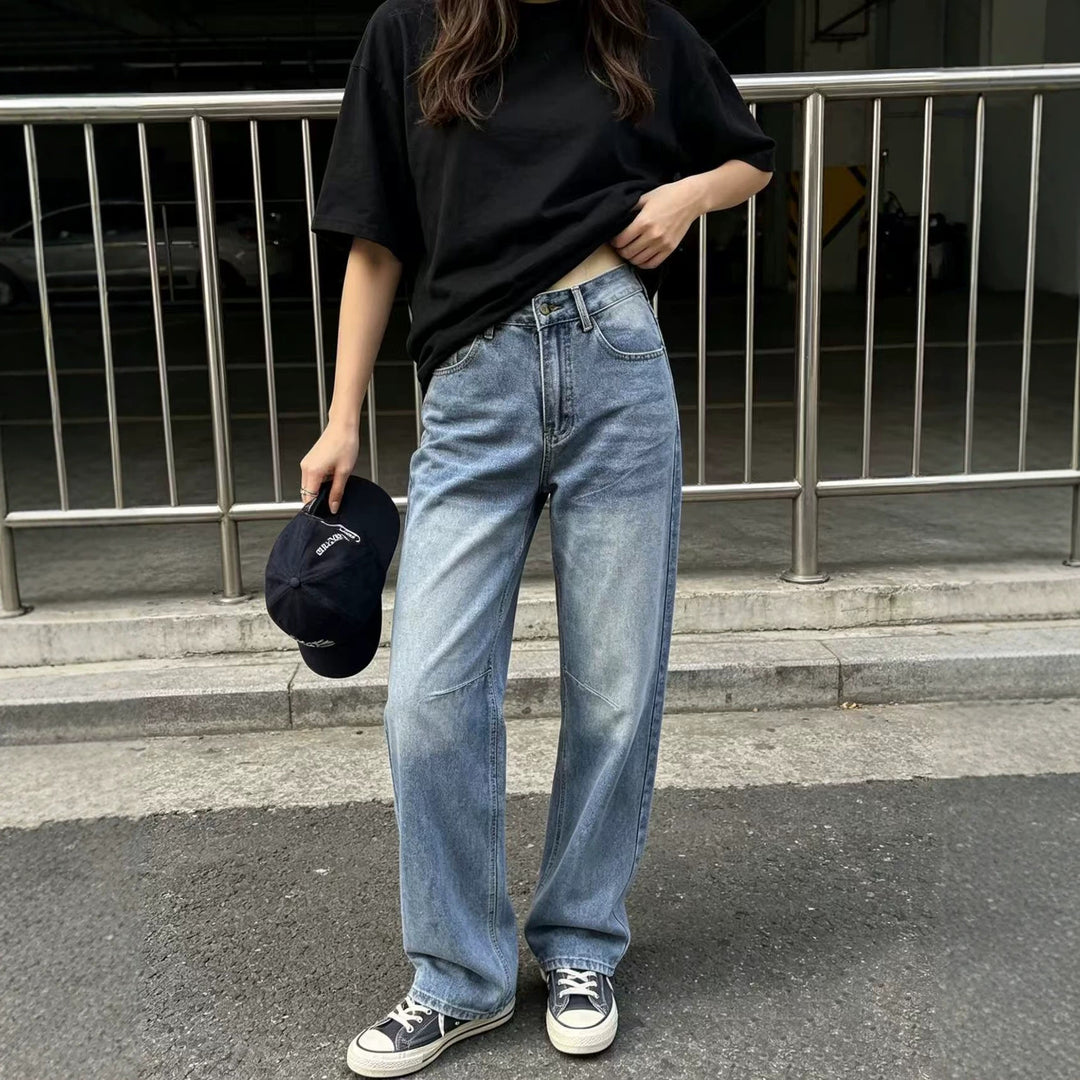 Damen nan hochgeschnittene weite Jeans mit geradem Bein, Knieabnähern und klassischem Five‑Pocket‑Schnitt Echo Archiv