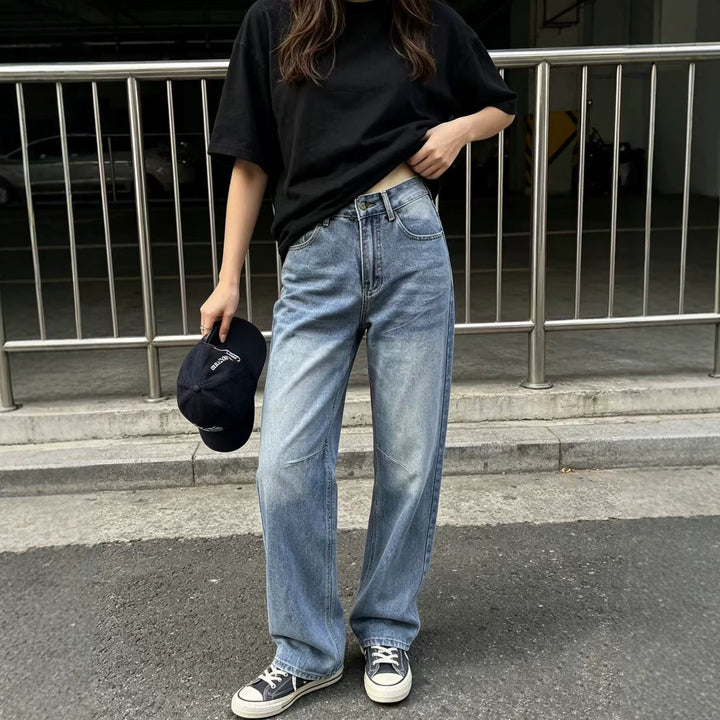 Damen nan hochgeschnittene weite Jeans mit geradem Bein, Knieabnähern und klassischem Five‑Pocket‑Schnitt Echo Archiv