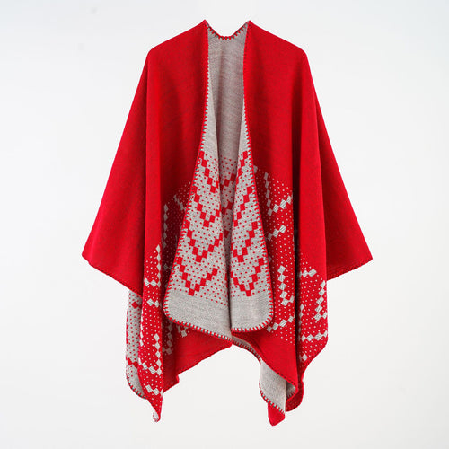 Damen Wendbarer Strickponcho mit Jacquardmuster und Zierkettelnaht Echo Archiv