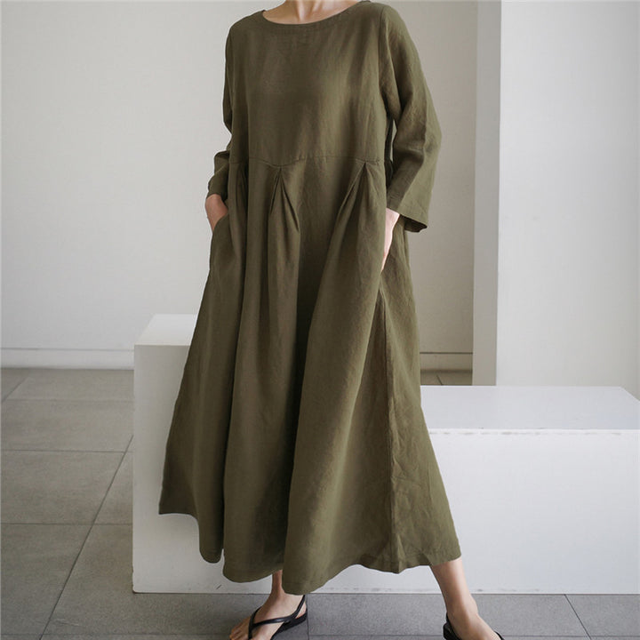 Damen Maxi-Kleid aus Leinen mit Teilnaht, sanften Faltenfall und Langarm – Valéora