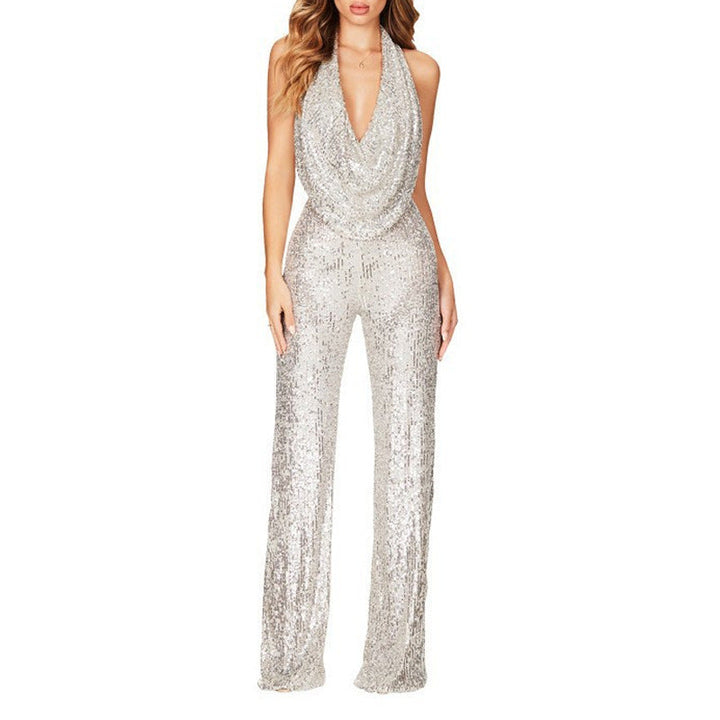 Damen Glitzerndes Jumpsuit mit tiefem V-Ausschnitt und weitem Bein Echoarchiv