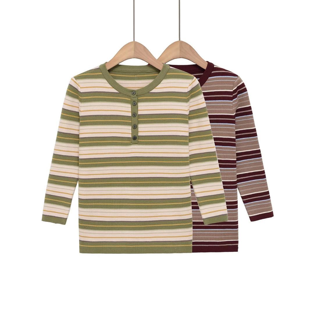 Damen Gestreiftes Rippstrick-Henleyshirt mit Knopfleiste und schmaler Passform Echo Archiv