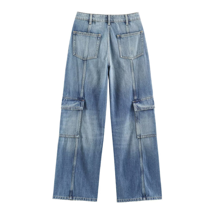 Damen Weite Cargo-Jeans mit hohem Bund, aufgesetzten Pattentaschen und Ziernähten Echo Archiv