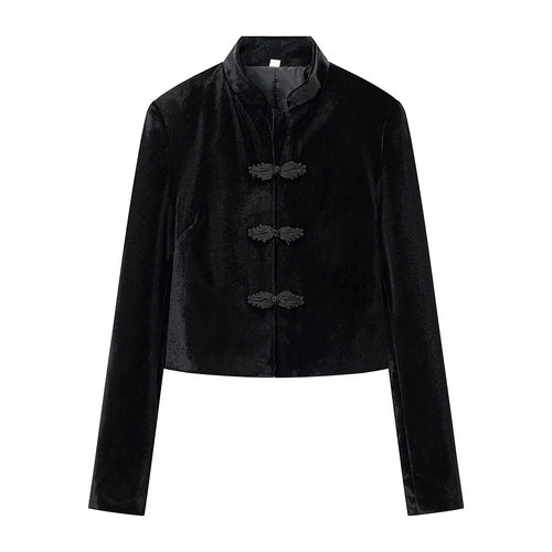 Damen Cropped Jacke im Mandarinstil mit Stehkragen und Zierknotenverschlüssen Echoarchiv