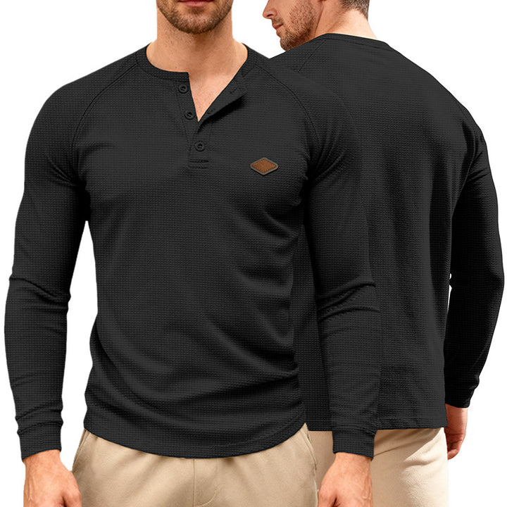 Herren nan Waffelstrick-Henley Langarmshirt mit Raglanärmeln, Halbknopfleiste und Lederlabel Echo Archiv