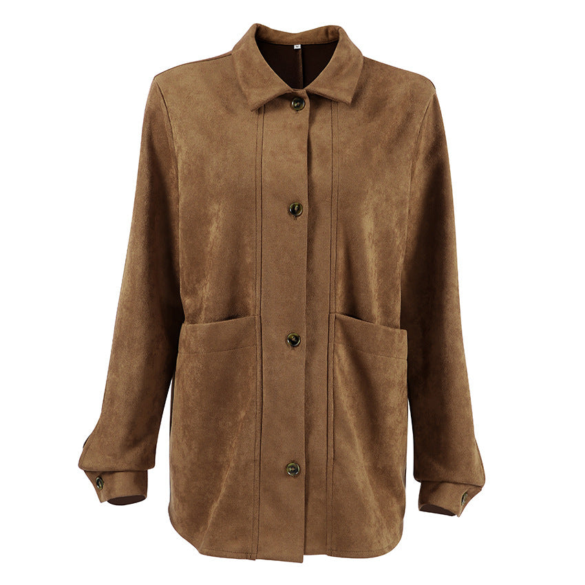 Damen Modische Wildlederjacke mit Druckknopfverschluss und praktischen Taschen – Velloura