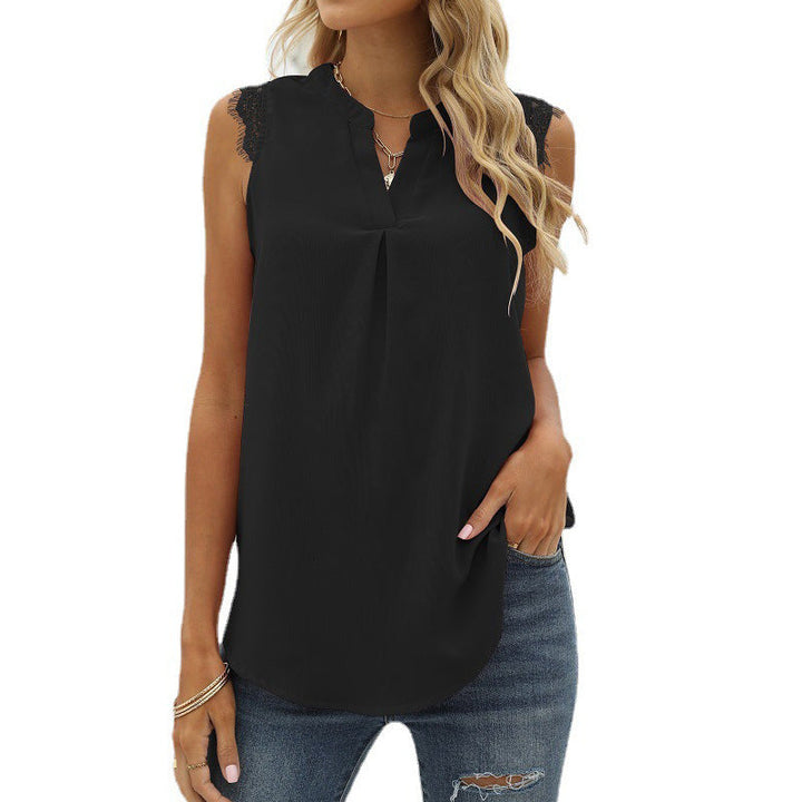 Damen Ärmelloses Blusenshirt mit Elegantem Spitzeneinsatz und Modischen Falten Echoarchiv