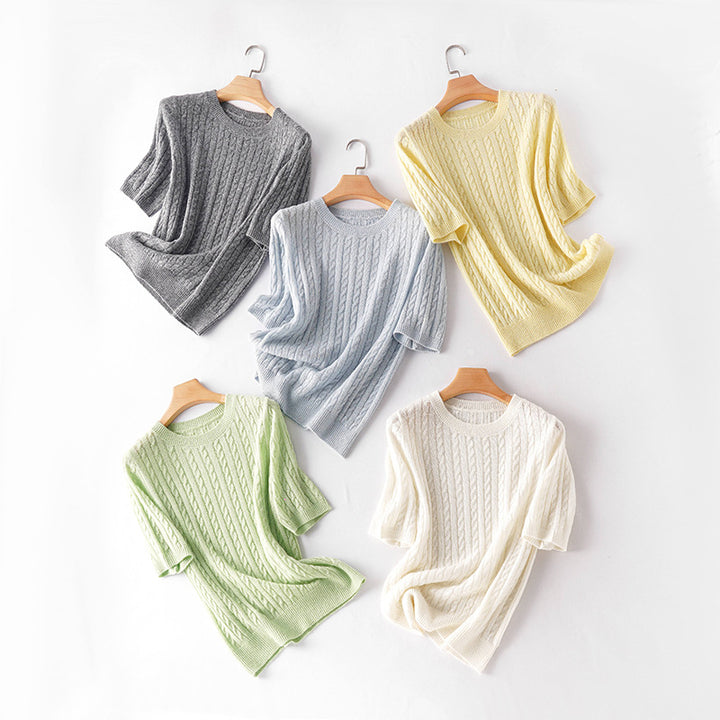 Damen Kurzarm-Strickpullover mit Zopfmuster und feinem Rundhalsausschnitt Echo Archiv