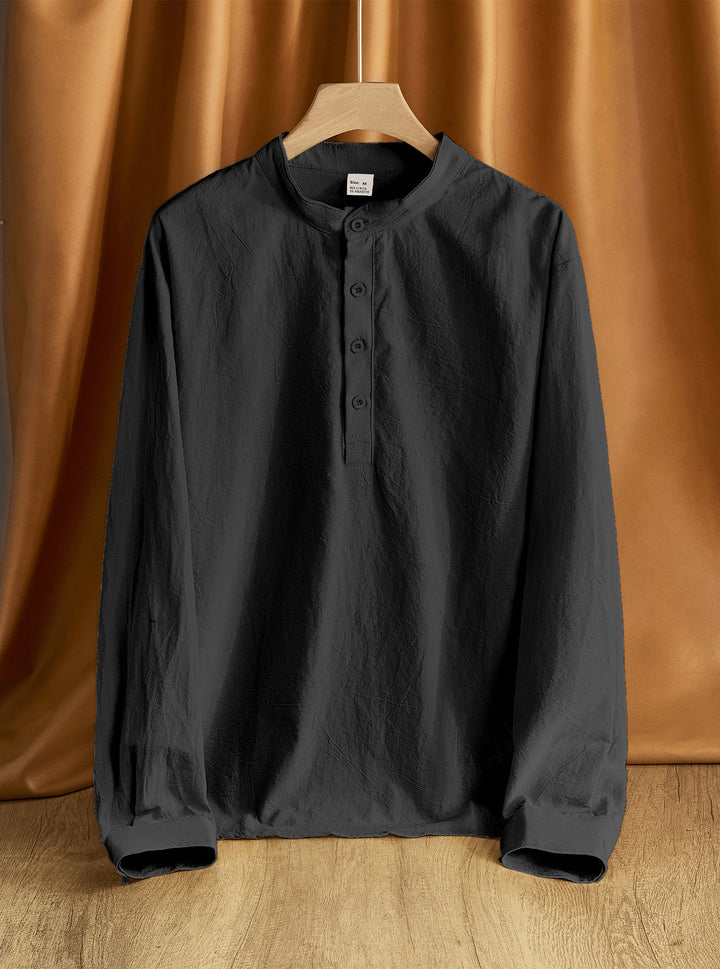 Herren Leinen-Mix Langarmshirt Henley mit Stehkragen Echoarchiv