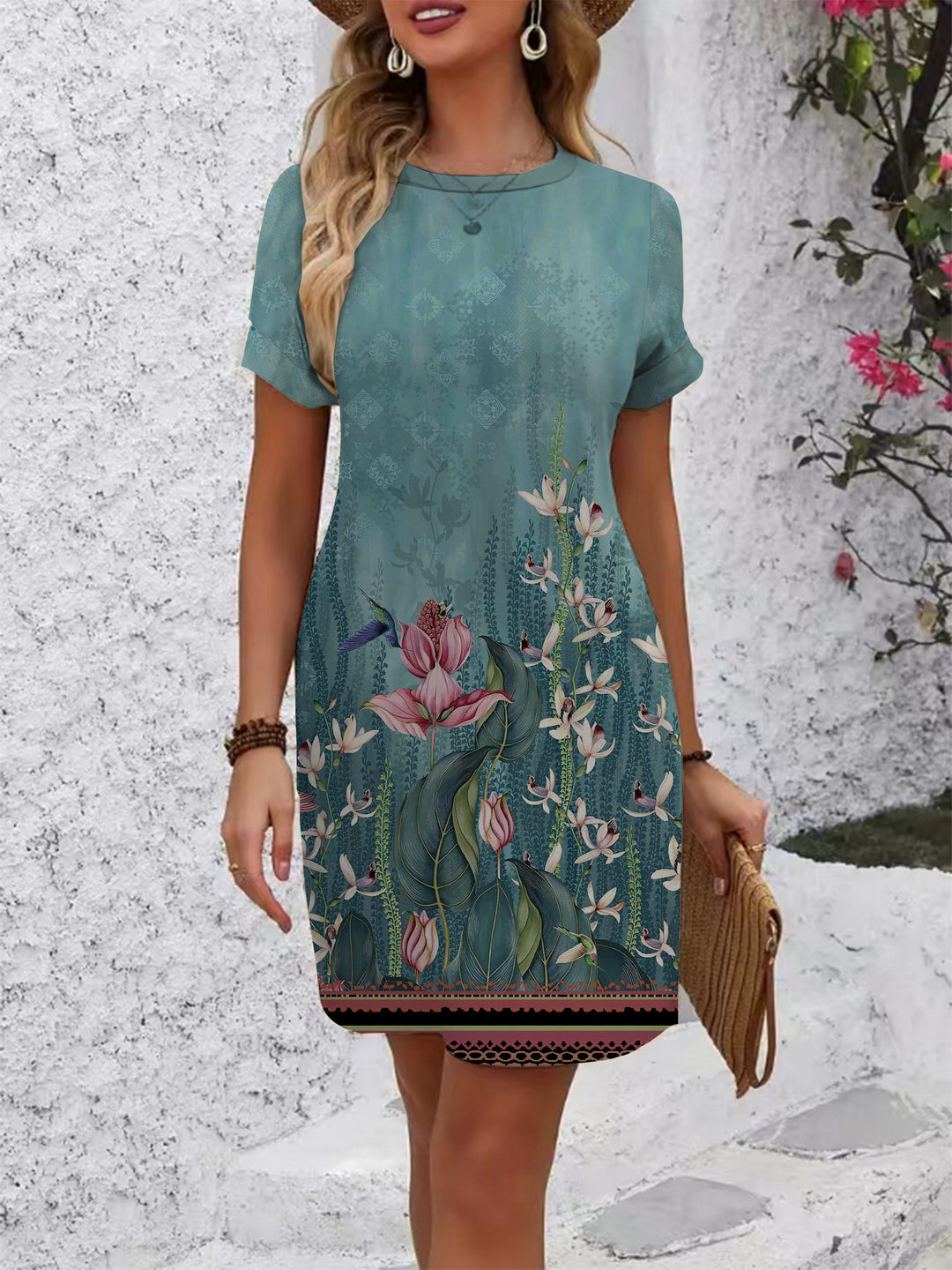 Damen lässiges Kurzarmkleid mit floralen Motiven und bequemen Schnitt Echo Archiv
