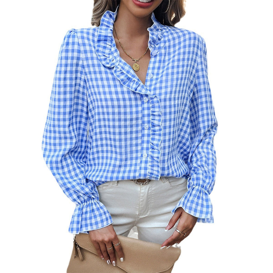 Damen Karierte Bluse mit Rüschendetails und Knopfleiste Echoarchiv